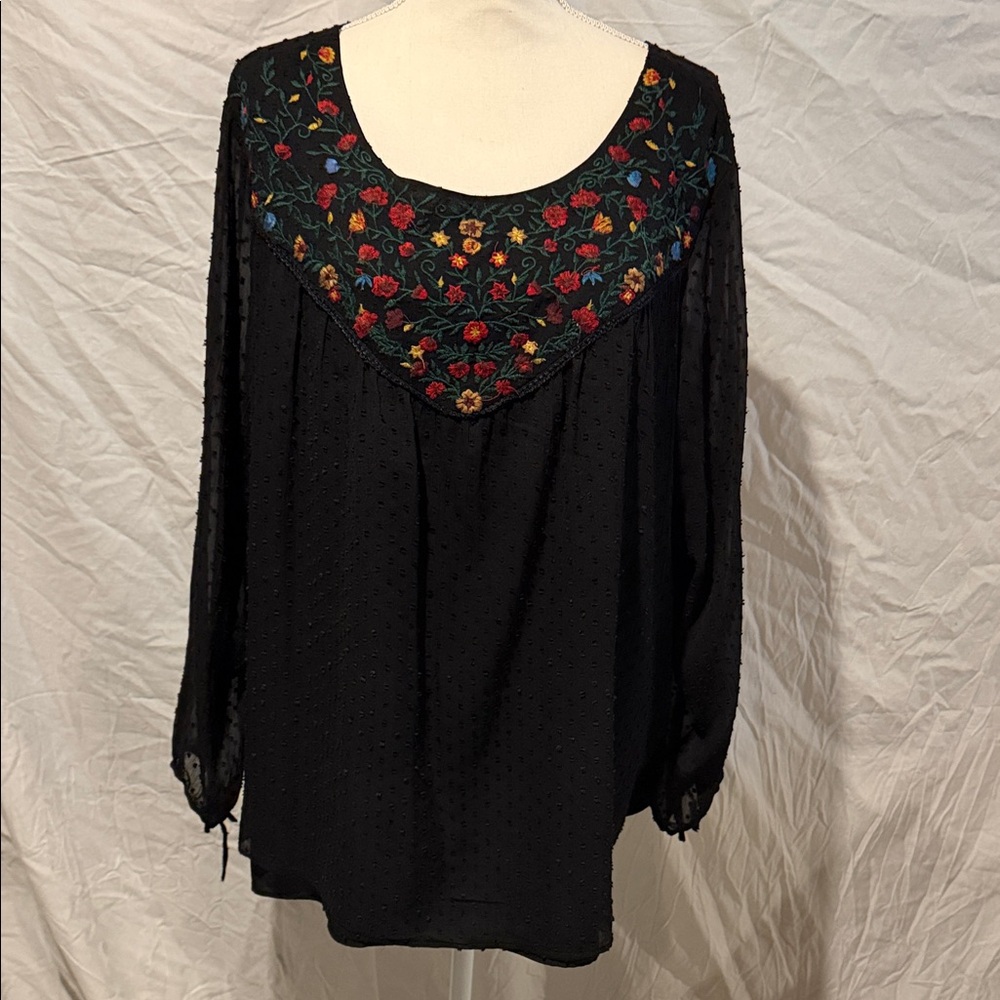 torrid Black Long-Sleeve Top with Multicolor Floral Embroidered Yoke